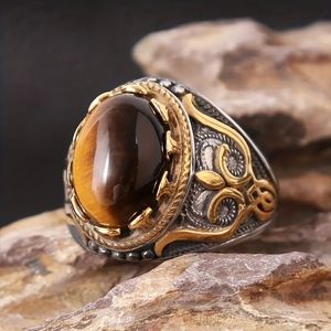 Trendy Fashion Vintage Men's Oval Tiger Eye Ring, Punk Style Hand Carved Sto